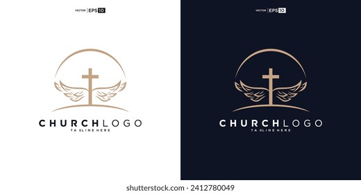 Church logo. Bible, Jesus' cross and angel wings. Wings church logo design icon for download