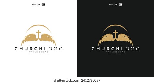 Church logo. Bible, Jesus' cross and angel wings. Wings church logo design icon for download