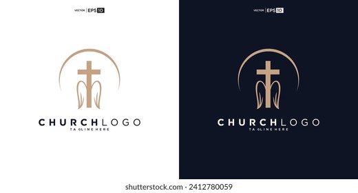 Logo de la iglesia. Biblia, cruz de Jesús y alas de ángel. Icono de diseño del logo de Wings Church para descargar