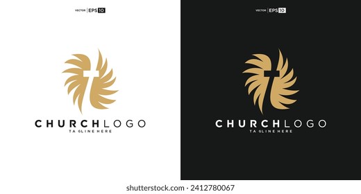 Church logo. Bible, Jesus' cross and angel wings. Wings church logo design icon for download