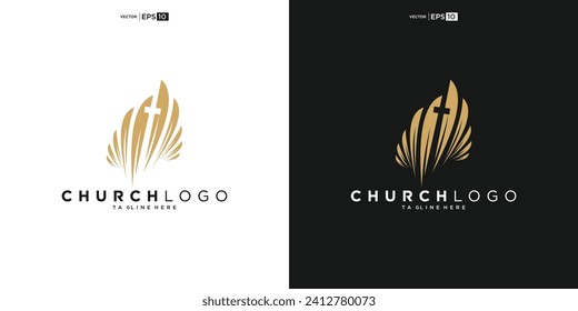 Church logo. Bible, Jesus' cross and angel wings. Wings church logo design icon for download