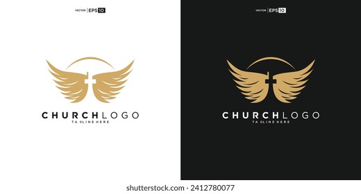 Church logo. Bible, Jesus' cross and angel wings. Wings church logo design icon for download