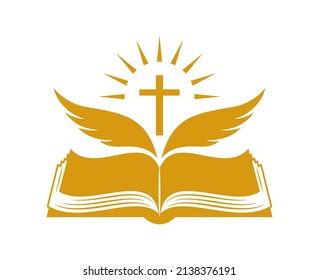 Church logo. Bible and wings symbol of the holy spirit. Flying  wings on the background of an open book. Shining cross. The Word of God that came to us through the Holy Scripture. Isolated. Vector