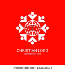 Church logo and biblical symbols. The unity of believers in Jesus Christ, the worship of God, participation in the evening of the Lord and the reading of the Holy Scriptures.