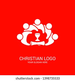 Church logo and biblical symbols. The unity of believers in Jesus Christ, the worship of God, participation in the evening of the Lord and the reading of the Holy Scriptures.