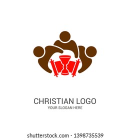 Church logo and biblical symbols. The unity of believers in Jesus Christ, the worship of God, participation in the evening of the Lord and the reading of the Holy Scriptures.