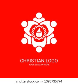 Church logo and biblical symbols. The unity of believers in Jesus Christ, the worship of God, participation in the evening of the Lord and the reading of the Holy Scriptures.