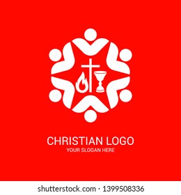 Church logo and biblical symbols. The unity of believers in Jesus Christ, the worship of God, participation in the evening of the Lord and the reading of the Holy Scriptures.