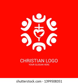 Church logo and biblical symbols. The unity of believers in Jesus Christ, the worship of God, participation in the evening of the Lord and the reading of the Holy Scriptures.
