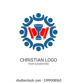 Church logo and biblical symbols. The unity of believers in Jesus Christ, the worship of God, participation in the evening of the Lord and the reading of the Holy Scriptures.