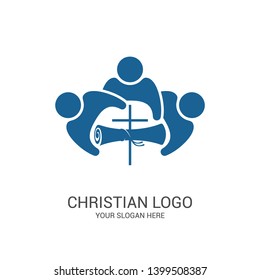 Church logo and biblical symbols. The unity of believers in Jesus Christ, the worship of God, participation in the evening of the Lord and the reading of the Holy Scriptures.