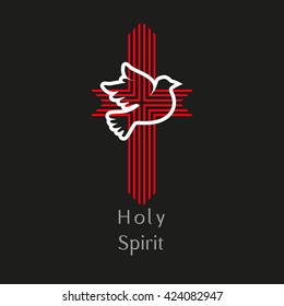 Church logo. Christian church concept. Holy spirit. Church sacrament symbol. Biblical tongues of fire, cross, holy spirit dove. Religious logo. Vector illustration.