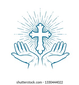 Church logo. Christian Cross icon or symbol. Sketch vector illustration