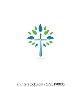 Church Logo. Christian Church Cross Praying Tree Logo. Christian Sword Church Cross Logo Design.