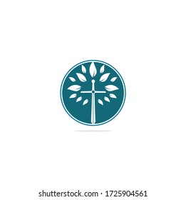Church logo. Christian church cross praying tree logo. 