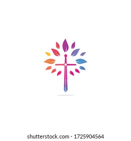 Church logo. Christian church cross praying tree logo. Christian Sword Church Cross logo design.