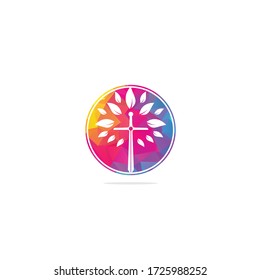 Church logo. Christian church cross praying tree logo. Christian Sword Church Cross logo design.
