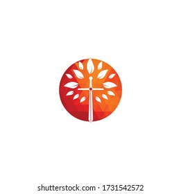 Church logo. Christian church cross praying tree logo. Christian Sword Church Cross logo design.