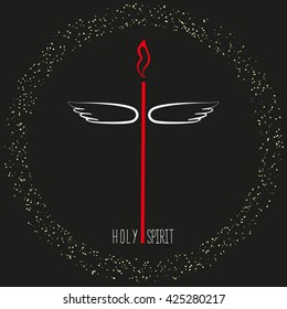 Church logo. Christian religion holiday concept. Holy spirit. Church sacrament symbol. Biblical tongues of fire, cross, wings of dove. Pentecost, Trinity Sunday. Christian cross. Vector illustration.