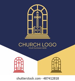 Church logo. Christian symbols. Altar, the Holy Bible, the cross of Jesus Christ and the flame.