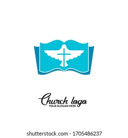 Church logo. Christian symbols. The Bible, the cross of the Lord, and the dove are the Holy Spirit.