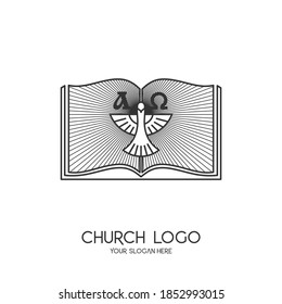 Church logo. Christian symbols. Bible and the Symbol of the Holy Spirit - a dove. Alpha and Omega.