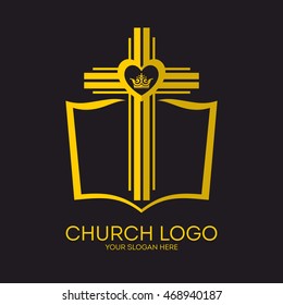 Church logo. Christian symbols. Bible, cross of Jesus and crown.