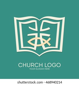 Church logo. Christian symbols. Bible, cross and Jesus fish.