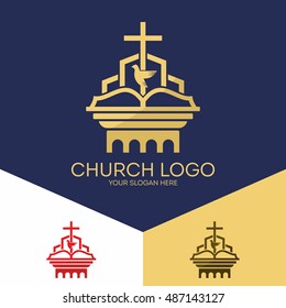 Church logo. Christian symbols. The Bible, the cross of Jesus, the Holy Spirit.