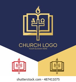 Church logo. Christian symbols. The Bible, the cross of Jesus, the Creator of the earth, alpha and omega.