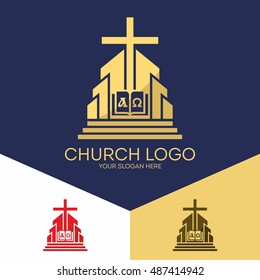 Church logo. Christian symbols. The Bible, the cross of Jesus, the Creator of the earth, alpha and omega.