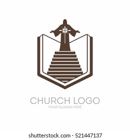 Church logo. Christian symbols. Bible, Holy Scripture, the staircase leading to the Lord and Savior Jesus Christ, on the cross at Calvary.