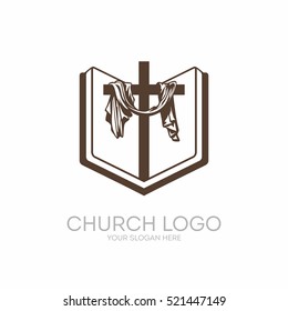 Church logo. Christian symbols. Bible, Holy Scripture, the cross of Jesus Christ.