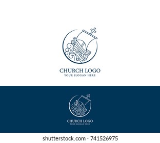 Church logo. Christian symbols. A boat sailing through a stormy sea