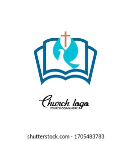 Church logo. Christian symbols. Book, cross of Jesus Christ and the Holy Spirit.