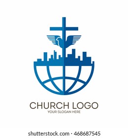 Church logo. Christian symbols. City, Globe, Jesus' cross and dove - the Holy Spirit.