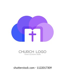 Church logo. Christian symbols. The cross of Jesus Christ, the cloud and the open bible