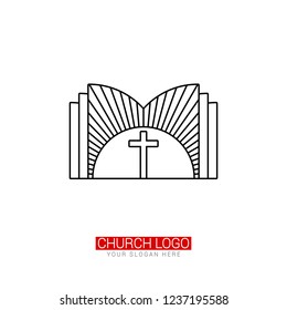 Church logo. Christian symbols. Cross of Jesus against the background of an open bible