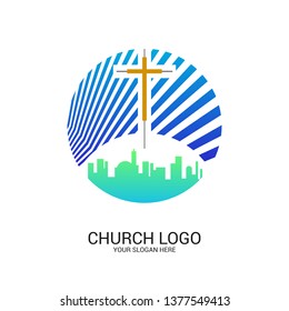 Church logo and christian symbols. Cross of the Savior Jesus Christ and geometric abstract symbols.
