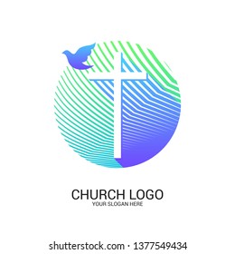 Church logo and christian symbols. Cross of the Savior Jesus Christ and geometric abstract symbols.