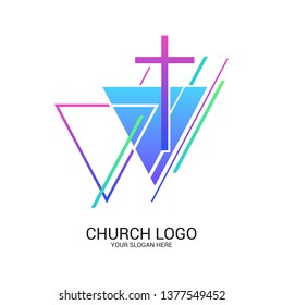 Church logo and christian symbols. Cross of the Savior Jesus Christ and geometric abstract symbols.