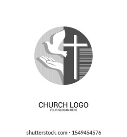 Church logo. Christian symbols. Cross of the Savior Jesus and dove as a symbol of the Holy Spirit