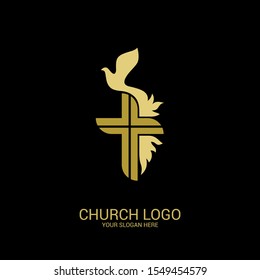 Church logo. Christian symbols. Cross of the Savior Jesus and dove as a symbol of the Holy Spirit