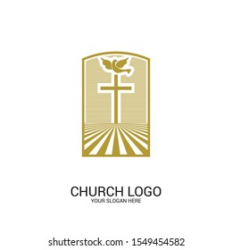 Church logo. Christian symbols. Cross of the Savior Jesus and dove as a symbol of the Holy Spirit