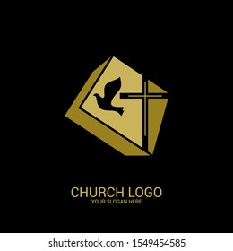 Church logo. Christian symbols. Cross of the Savior Jesus and dove as a symbol of the Holy Spirit
