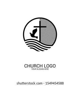 Church logo. Christian symbols. Cross of the Savior Jesus and dove as a symbol of the Holy Spirit