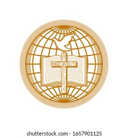 Church logo. Christian symbols. The cross of Jesus Christ, the Bible, a dove against the background of the world.