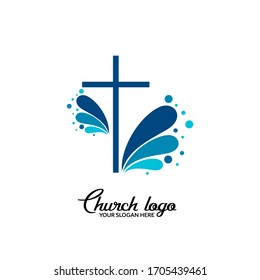 Church logo. Christian symbols. The cross of Jesus Christ and wave elements.