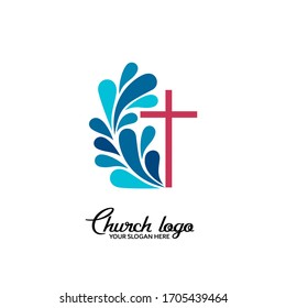 Church logo. Christian symbols. The cross of Jesus Christ and wave elements.