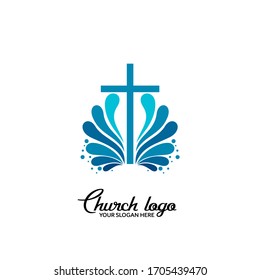 Church logo. Christian symbols. The cross of Jesus Christ and wave elements.